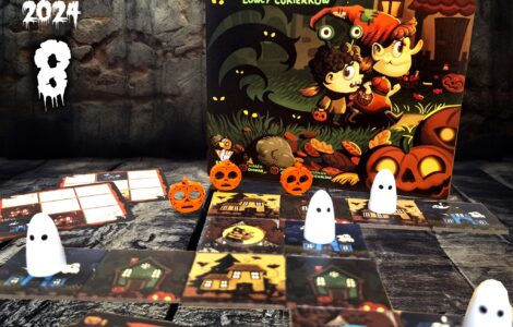 Colorful board game "Candy Hunters" displayed for Halloween 2024, featuring game pieces including pumpkins and ghosts on a textured wooden surface. The game is designed for 1 to 4 players, suitable for ages 8 and up, with a playtime of 30 minutes.