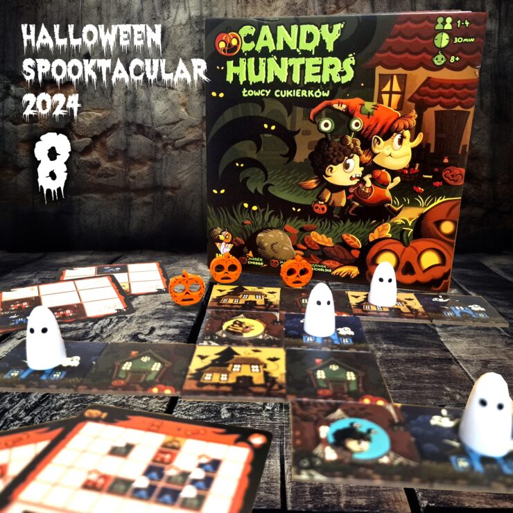 Colorful board game "Candy Hunters" displayed for Halloween 2024, featuring game pieces including pumpkins and ghosts on a textured wooden surface. The game is designed for 1 to 4 players, suitable for ages 8 and up, with a playtime of 30 minutes.