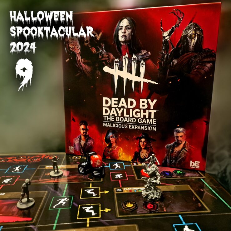 Dead by Daylight: The Board Game - Malicious Expansion displayed for Halloween Spooktacular 2024, featuring game box art and miniatures on the game board with action elements, dice, and character tokens.