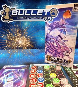 Colorful display of the board game "Bullet" by L99 Games, featuring vibrant artwork of characters on the box, various game tokens, and a sparkling fireworks background. Ideal for fans of shoot-em-up puzzle action games.