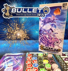 Colorful display of the board game "Bullet" by L99 Games, featuring vibrant artwork of characters on the box, various game tokens, and a sparkling fireworks background. Ideal for fans of shoot-em-up puzzle action games.