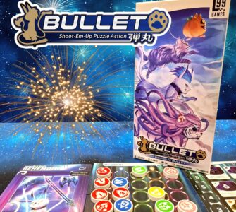 Colorful display of the board game "Bullet" by L99 Games, featuring vibrant artwork of characters on the box, various game tokens, and a sparkling fireworks background. Ideal for fans of shoot-em-up puzzle action games.