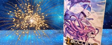 Colorful display of the board game "Bullet" by L99 Games, featuring vibrant artwork of characters on the box, various game tokens, and a sparkling fireworks background. Ideal for fans of shoot-em-up puzzle action games.
