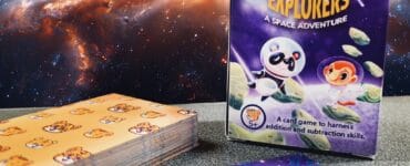 Colorful card game "Number Explorers: A Space Adventure" designed to teach addition and subtraction skills, featuring playful characters and vibrant illustrations against a cosmic background.