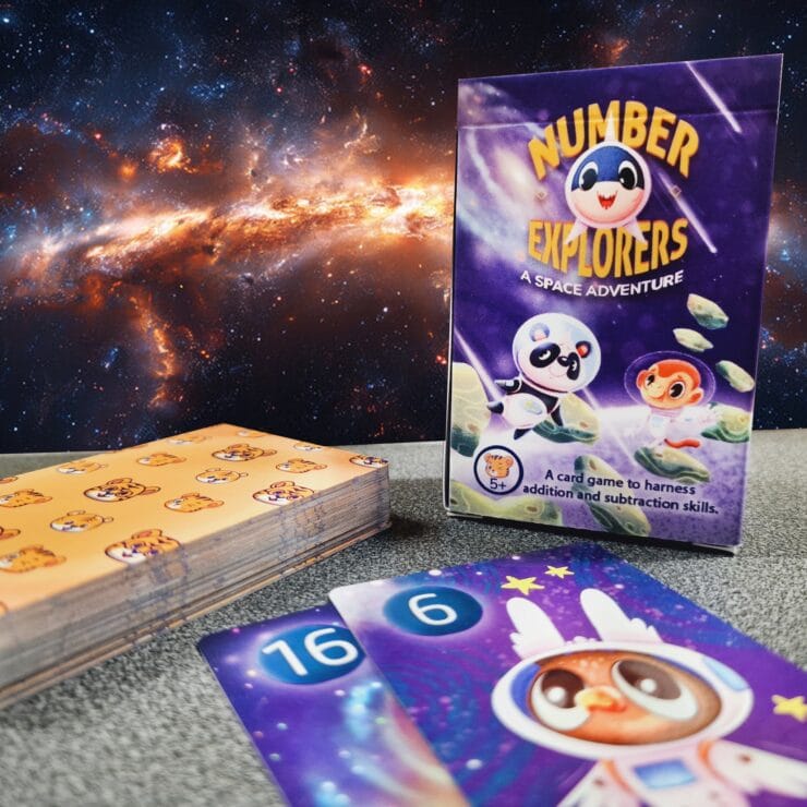 Colorful card game "Number Explorers: A Space Adventure" designed to teach addition and subtraction skills, featuring playful characters and vibrant illustrations against a cosmic background.