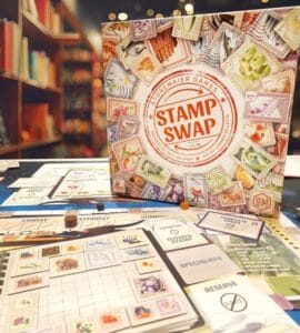 Board game "Stamp Swap" by Stonemaier Games displayed on a table, featuring colorful game components, including a game board, cards, and tokens, with a bookshelf in the background.