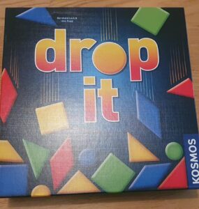 Board game "Drop It" by Bernhard Lurch and Uwe Rapp, featuring colorful geometric shapes on the box cover, published by Kosmos. Ideal for family game nights and strategic gameplay.
