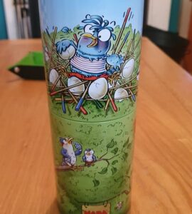 Colorful game box for "Zum Kuckuck!" featuring cartoon birds and a playful design, showcasing a bird entangled in colorful sticks and eggs, with a green background and HABA branding. Perfect for family game nights.