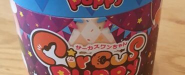 Colorful packaging of the "Circus Puppy" toy, featuring vibrant designs with stars and playful graphics, sitting on a wooden table.