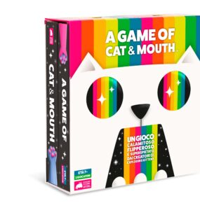 Colorful game box for "A Game of Cat & Mouth," featuring a playful cat design with rainbow accents. The box highlights the game's features, including its age recommendation of 7+, two-player format, and connection to the creators of Exploding Kittens.