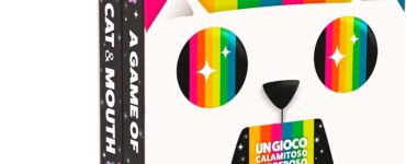 Colorful game box for "A Game of Cat & Mouth," featuring a playful cat design with rainbow accents. The box highlights the game's features, including its age recommendation of 7+, two-player format, and connection to the creators of Exploding Kittens.