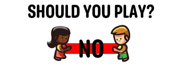 Illustration of two cartoon children, a girl and a boy, holding a red barrier with the text "Should You Play? NO" above them, conveying a playful warning about not engaging in a particular activity or game.