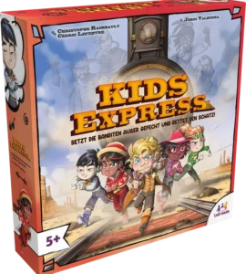 Colorful board game box for "Kids Express," featuring adventurous characters on a mission to thwart bandits and save treasure. Suitable for ages 5 and up, designed by Christophe Rambault and Cedric Lefevre, with illustrations by Jordi Valbuena.