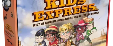 Colorful board game box for "Kids Express," featuring adventurous characters on a mission to thwart bandits and save treasure. Suitable for ages 5 and up, designed by Christophe Rambault and Cedric Lefevre, with illustrations by Jordi Valbuena.
