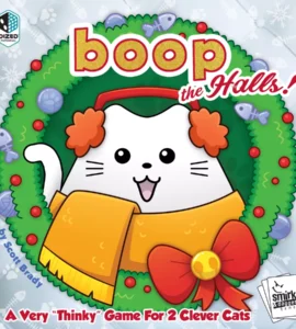 Colorful board game cover for "Boop the Halls!" featuring a cheerful white cat adorned with festive accessories, surrounded by a holiday wreath. The game is designed for two players and emphasizes strategic thinking.