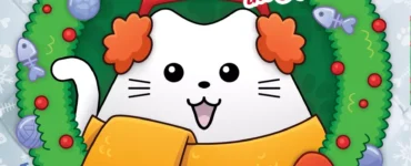 Colorful board game cover for "Boop the Halls!" featuring a cheerful white cat adorned with festive accessories, surrounded by a holiday wreath. The game is designed for two players and emphasizes strategic thinking.