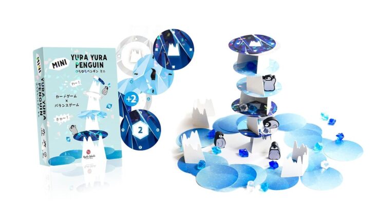 Mini Yura Yura Penguin game featuring colorful stacking pieces and penguin characters on a blue ice-themed background. The game box displays vibrant graphics and includes elements for balance and strategy. Ideal for family fun and educational play.