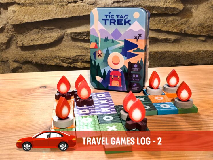 Tic Tac Trek travel game displayed on a wooden table, featuring a vibrant game box and unique game pieces shaped like flames and tokens. Ideal for two players, ages 8 and up, with a playtime of 15 minutes. Perfect for on-the-go family fun.