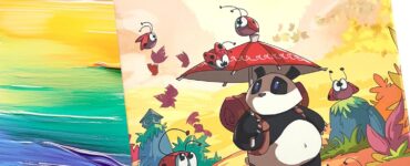 Cover of the board game "Takenoko Color," featuring a cartoon panda holding an umbrella surrounded by colorful ladybugs and vibrant landscapes. The artwork highlights a playful theme and colorful illustration, perfect for family game nights.