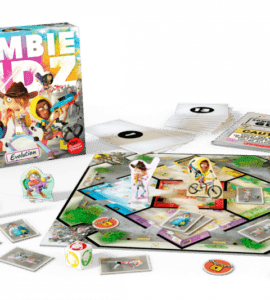 Board game "Zombie Kidz Evolution" displayed with game board, character figures, cards, and dice. Perfect for family game night, featuring strategic play against zombies.