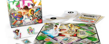 Board game "Zombie Kidz Evolution" displayed with game board, character figures, cards, and dice. Perfect for family game night, featuring strategic play against zombies.
