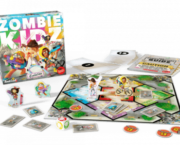 Board game "Zombie Kidz Evolution" displayed with game board, character figures, cards, and dice. Perfect for family game night, featuring strategic play against zombies.