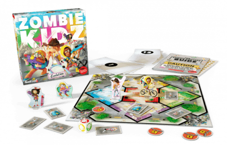 Board game "Zombie Kidz Evolution" displayed with game board, character figures, cards, and dice. Perfect for family game night, featuring strategic play against zombies.