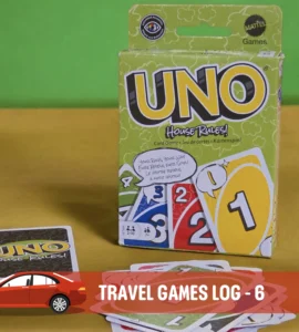 UNO card game box with "House Rules" edition displayed alongside game cards on a colorful background, ideal for travel game log inspiration.