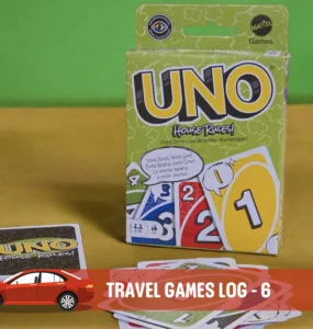 UNO card game box with "House Rules" edition displayed alongside game cards on a colorful background, ideal for travel game log inspiration.