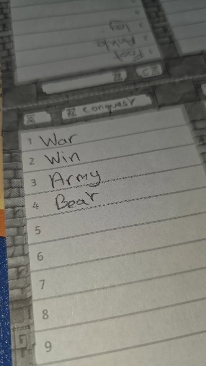 May be an image of ‎text that says "‎S 2Conguesy 2Congasy JSY 1 War 2 Win 3 Army Bear 5 5 4 6 7 8 وقا 9‎"‎