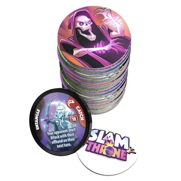 May be an image of button and text that says "UD 会 ENTANGLE must Your Attack with opponent their offhand their next turn. 18 CATCИ SLAM THRONE"